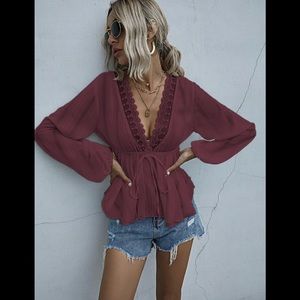 NEW! PLUNGING LACE TRIM SELF TIE MAROON PEPLUM TOP